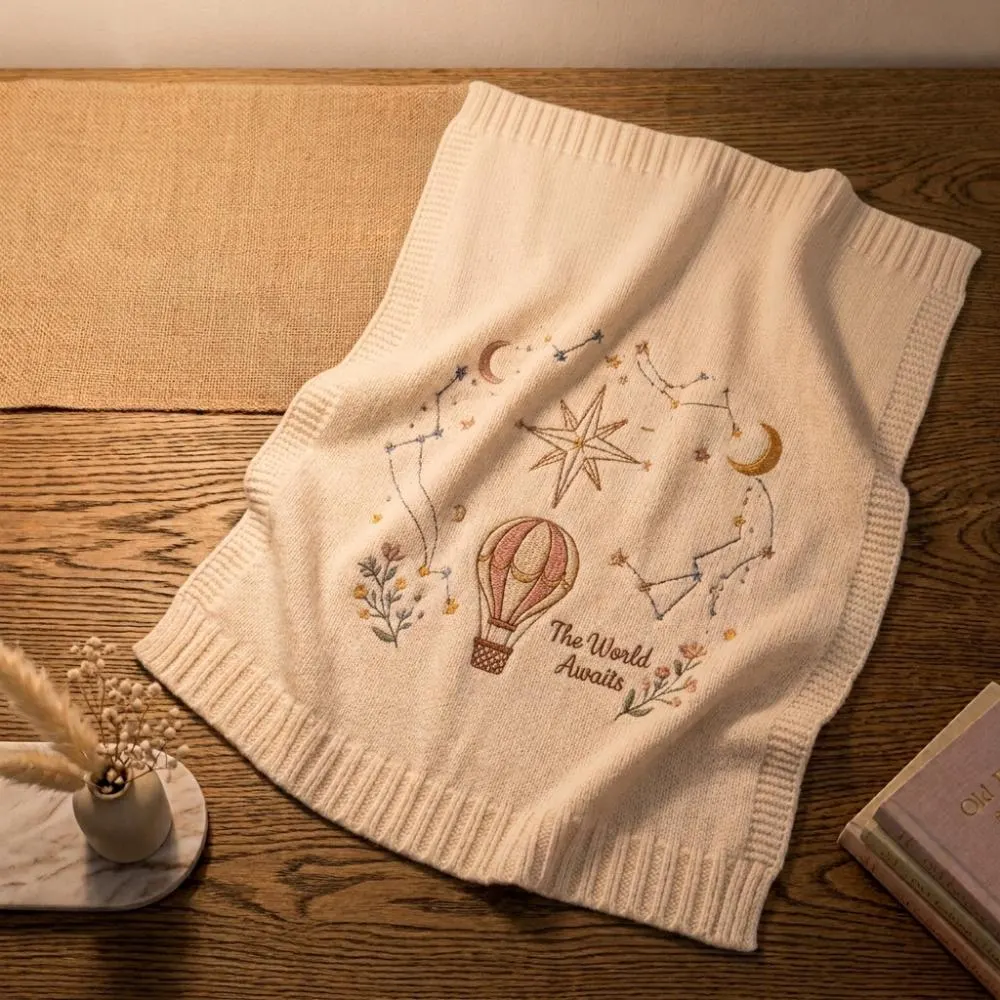 The World Awaits Embroidered Baby Blanket, Hot Air Balloon & Celestial Nursery Decor, Gender Neutral Newborn Gift, YB1603 - Media 2