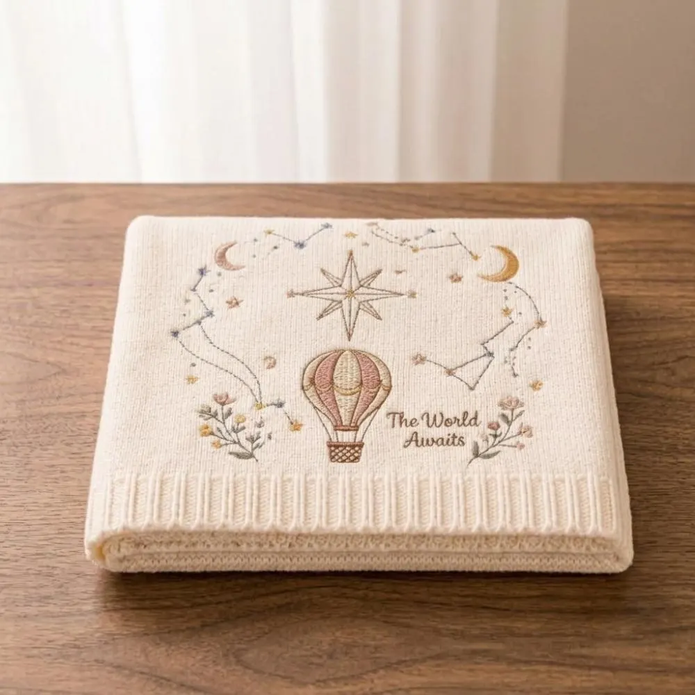 The World Awaits Embroidered Baby Blanket, Hot Air Balloon & Celestial Nursery Decor, Gender Neutral Newborn Gift, YB1603 - Media 3