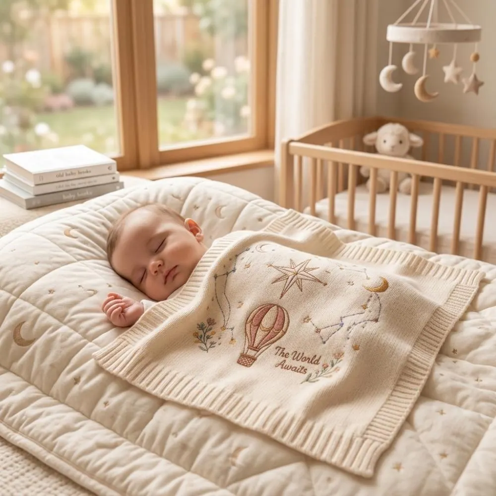 The World Awaits Embroidered Baby Blanket, Hot Air Balloon & Celestial Nursery Decor, Gender Neutral Newborn Gift, YB1603 - Media 4