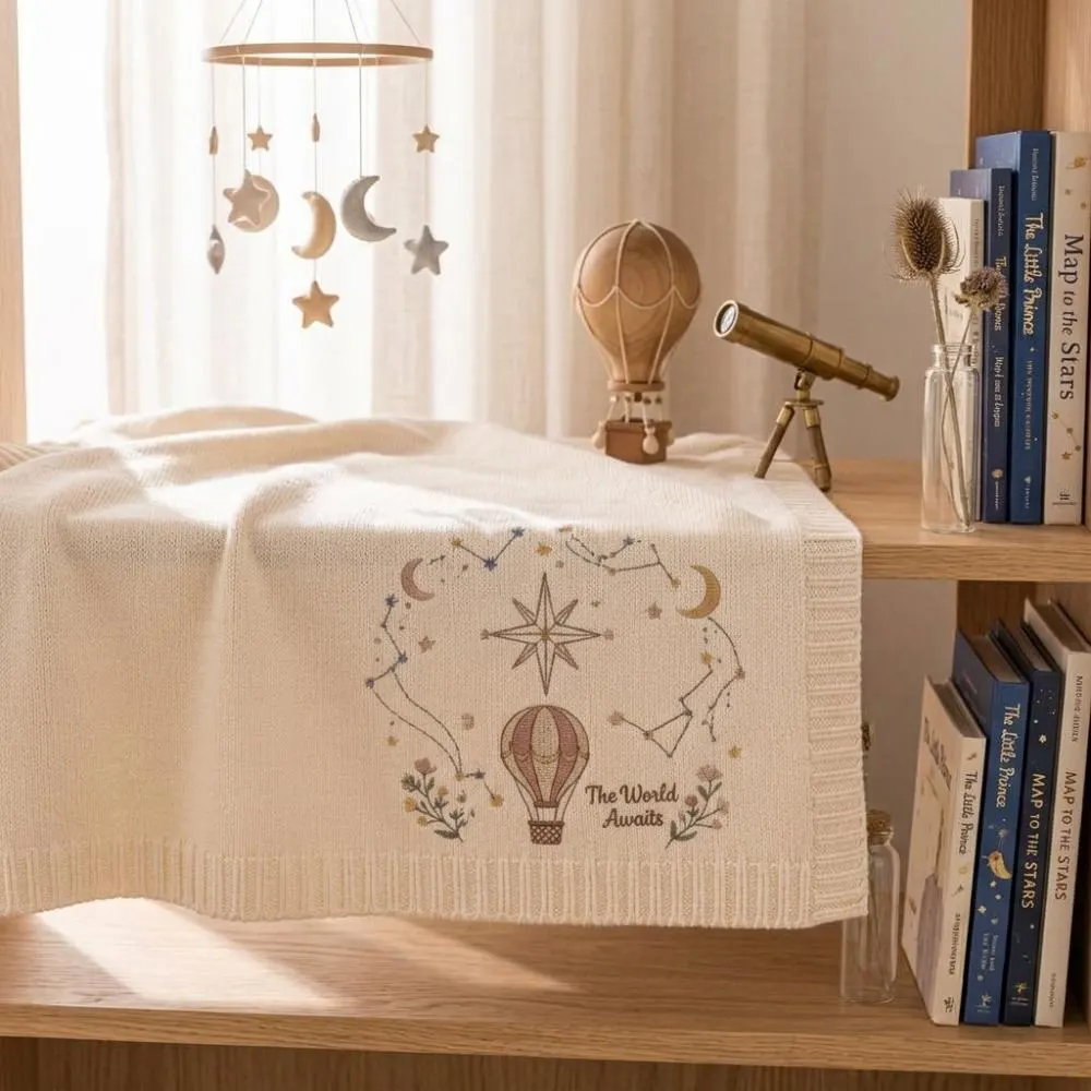 The World Awaits Embroidered Baby Blanket, Hot Air Balloon & Celestial Nursery Decor, Gender Neutral Newborn Gift, YB1603 - Media 5