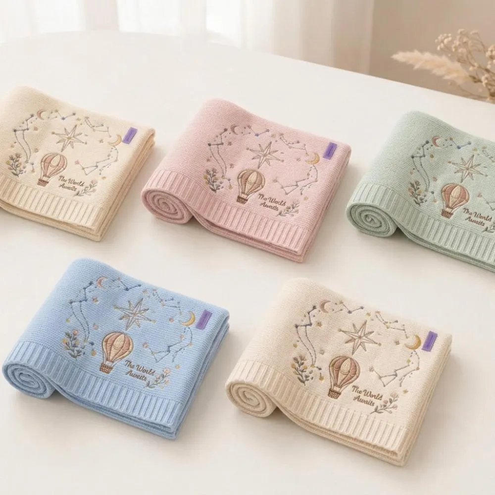The World Awaits Embroidered Baby Blanket, Hot Air Balloon & Celestial Nursery Decor, Gender Neutral Newborn Gift, YB1603 - Media 6