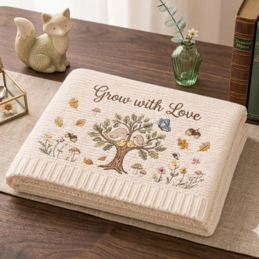 Grow with Love Baby Blanket, Personalized Tree of Life Embroidered Blanket, Botanical Nursery Decor, Knitted Newborn Gift YB1603