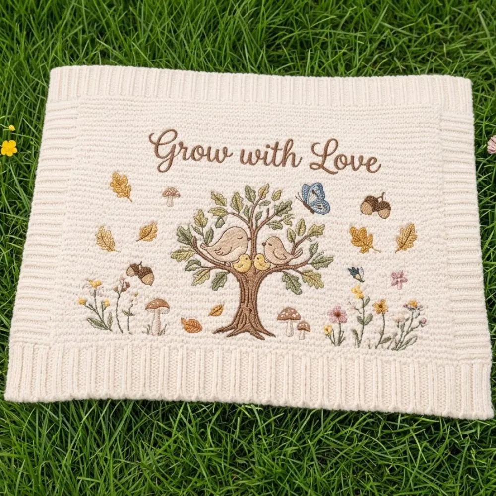 Grow with Love Baby Blanket, Personalized Tree of Life Embroidered Blanket, Botanical Nursery Decor, Knitted Newborn Gift YB1603 - Media 2