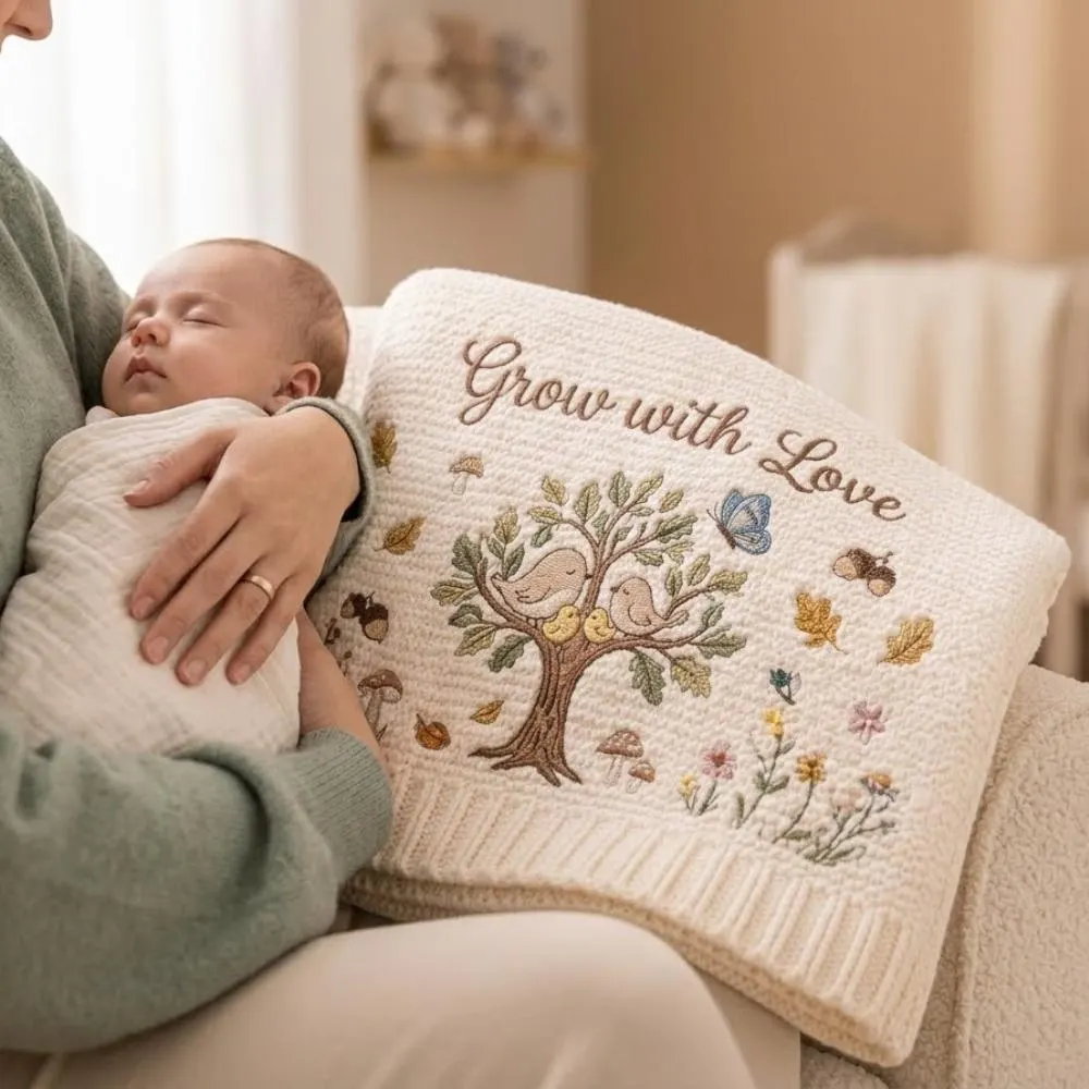 Grow with Love Baby Blanket, Personalized Tree of Life Embroidered Blanket, Botanical Nursery Decor, Knitted Newborn Gift YB1603 - Media 3