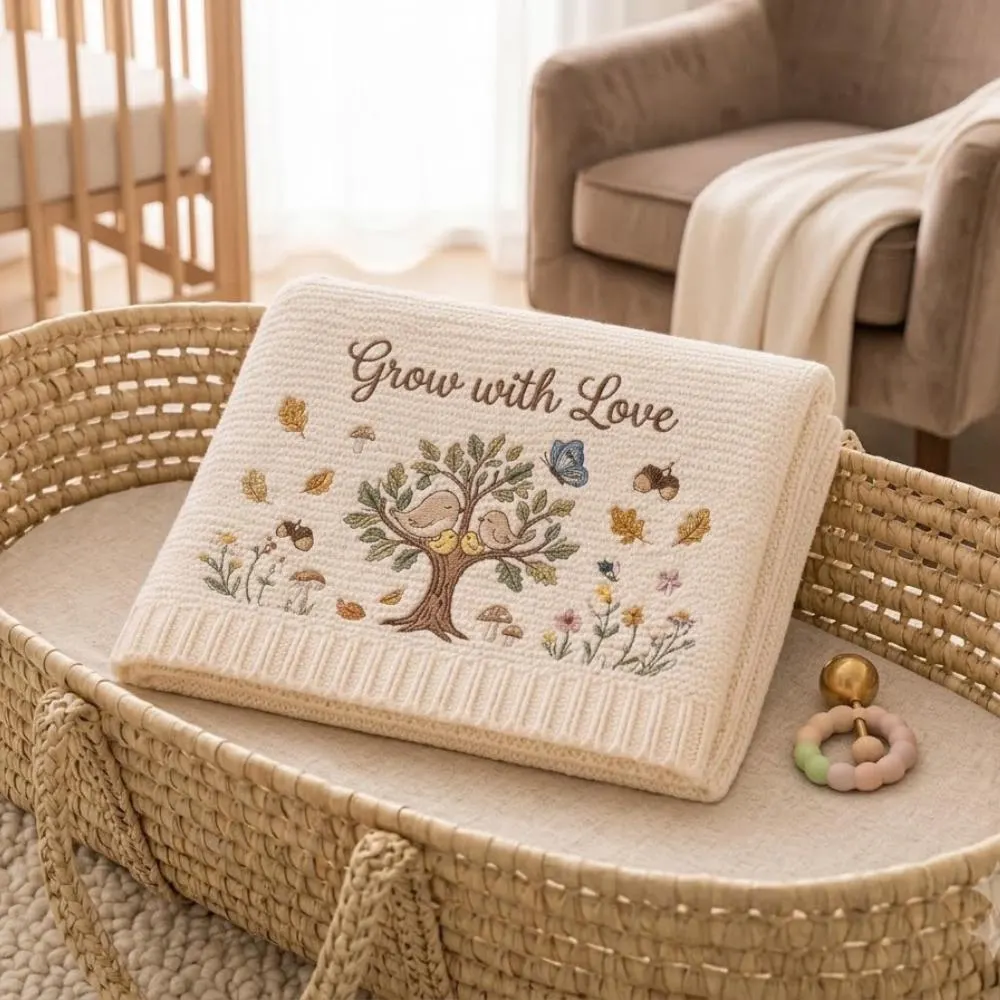 Grow with Love Baby Blanket, Personalized Tree of Life Embroidered Blanket, Botanical Nursery Decor, Knitted Newborn Gift YB1603 - Media 4