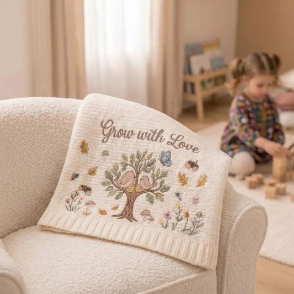 Grow with Love Baby Blanket, Personalized Tree of Life Embroidered Blanket, Botanical Nursery Decor, Knitted Newborn Gift YB1603 - Media 5