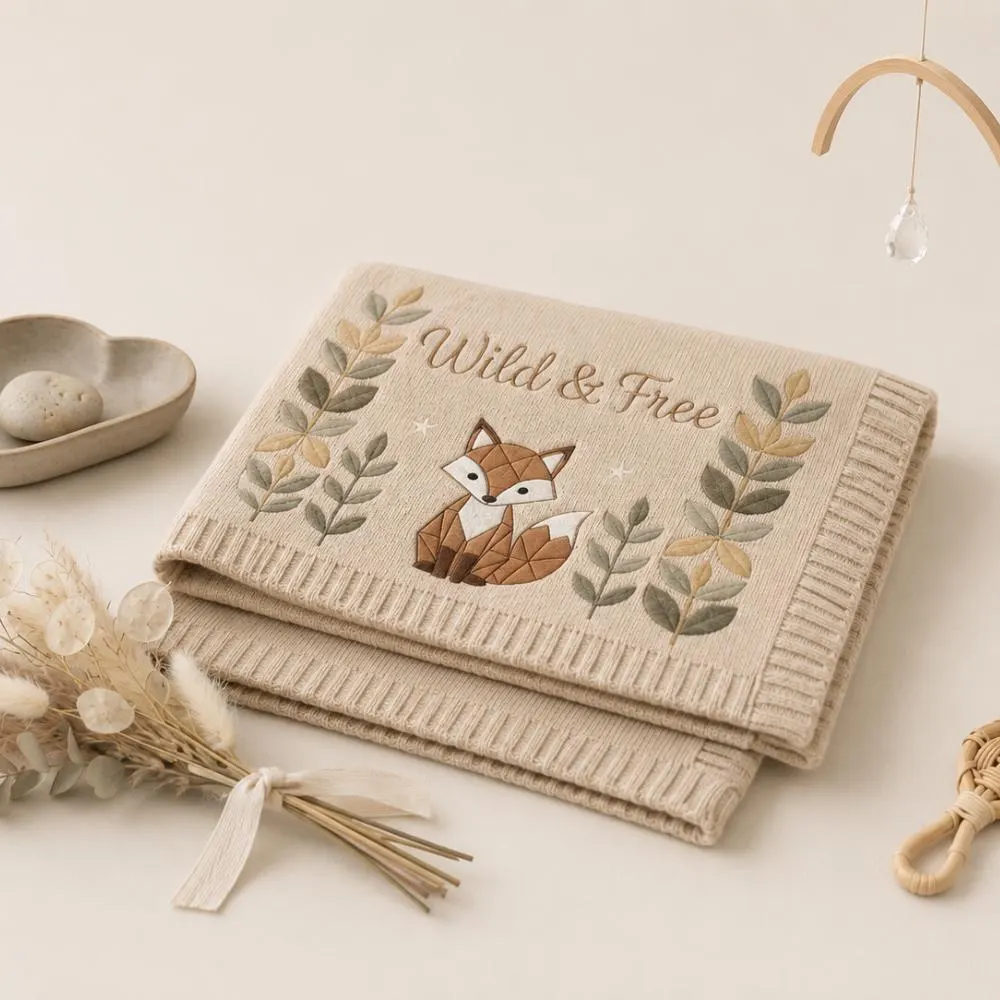 Fox Baby Blanket, Wild and Free Woodland Nursery Decor, Personalized Knitted Embroidered Blanket, Gender Neutral Newborn Gift  YB1603