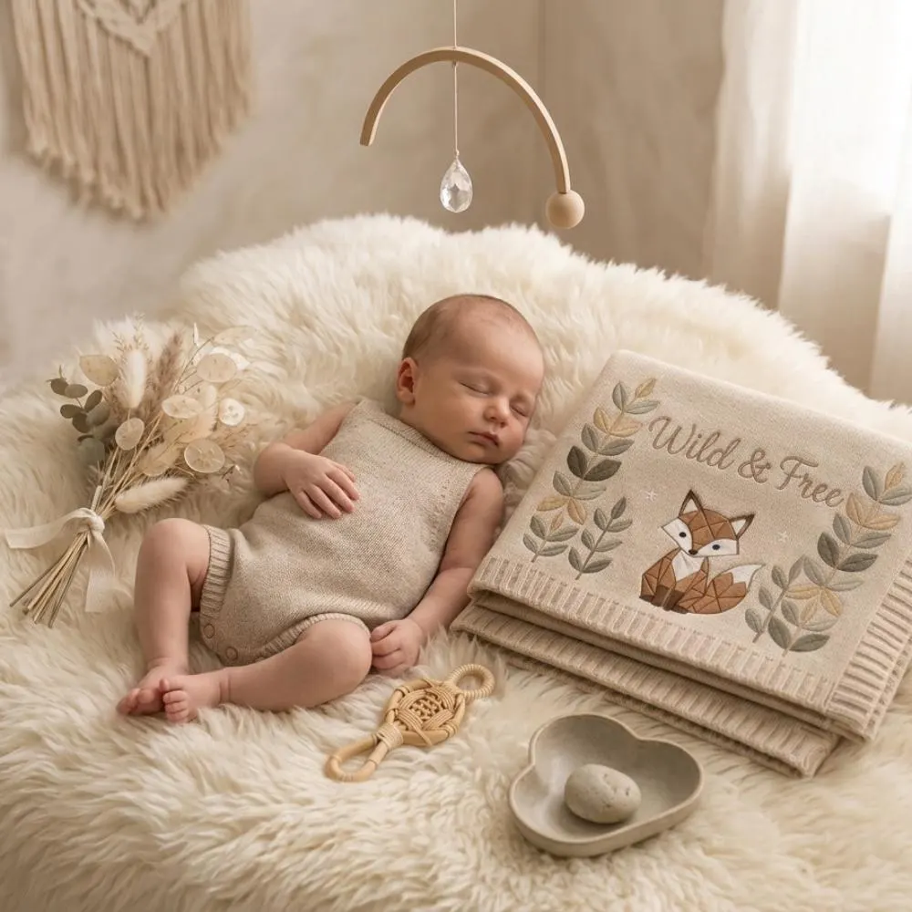 Fox Baby Blanket, Wild and Free Woodland Nursery Decor, Personalized Knitted Embroidered Blanket, Gender Neutral Newborn Gift  YB1603 - Media 2
