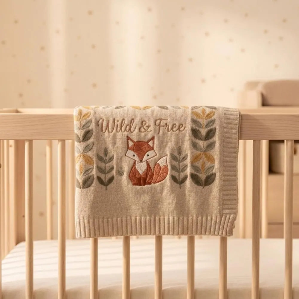 Fox Baby Blanket, Wild and Free Woodland Nursery Decor, Personalized Knitted Embroidered Blanket, Gender Neutral Newborn Gift  YB1603 - Media 3
