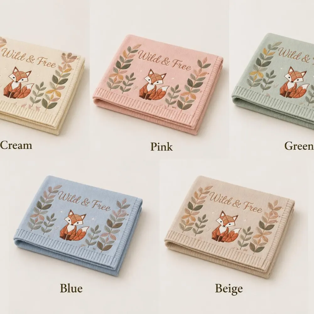 Fox Baby Blanket, Wild and Free Woodland Nursery Decor, Personalized Knitted Embroidered Blanket, Gender Neutral Newborn Gift  YB1603 - Media 6