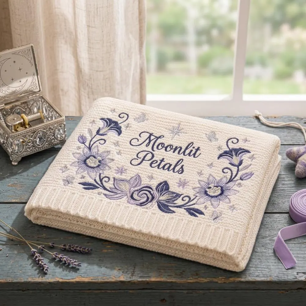 Moonlit Petals Embroidered Blanket, Personalized Purple Floral Knitted Blanket, Celestial Lavender Nursery Decor  YB1603