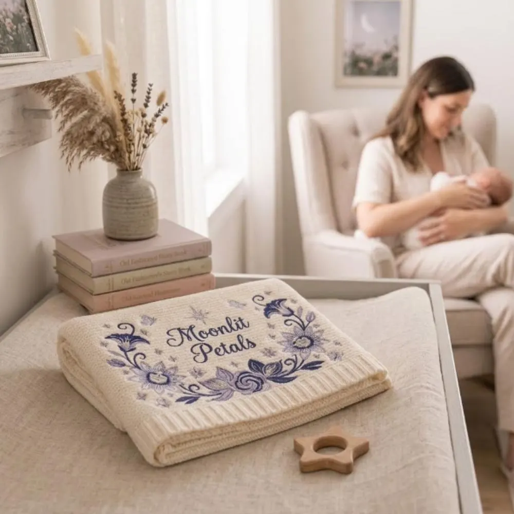 Moonlit Petals Embroidered Blanket, Personalized Purple Floral Knitted Blanket, Celestial Lavender Nursery Decor  YB1603 - Media 2