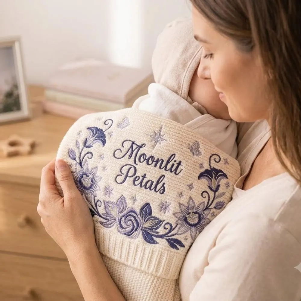 Moonlit Petals Embroidered Blanket, Personalized Purple Floral Knitted Blanket, Celestial Lavender Nursery Decor  YB1603 - Media 3