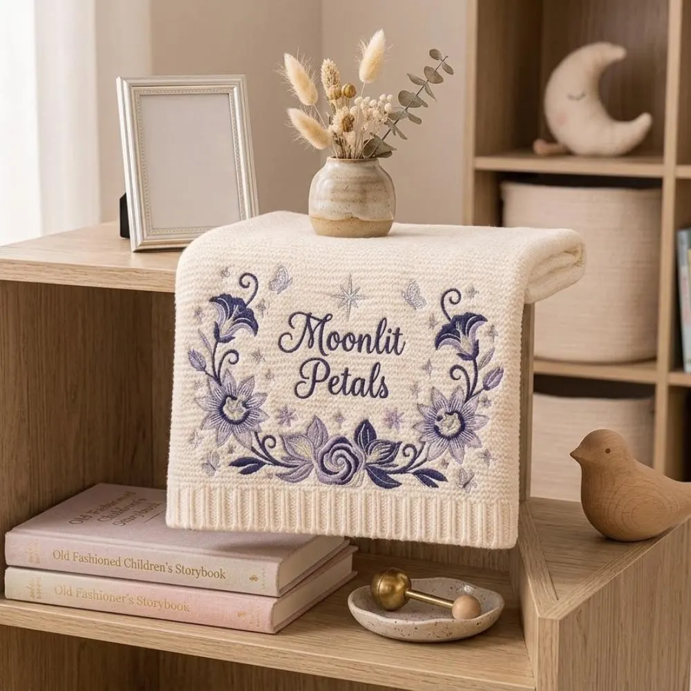 Moonlit Petals Embroidered Blanket, Personalized Purple Floral Knitted Blanket, Celestial Lavender Nursery Decor  YB1603 - Media 4