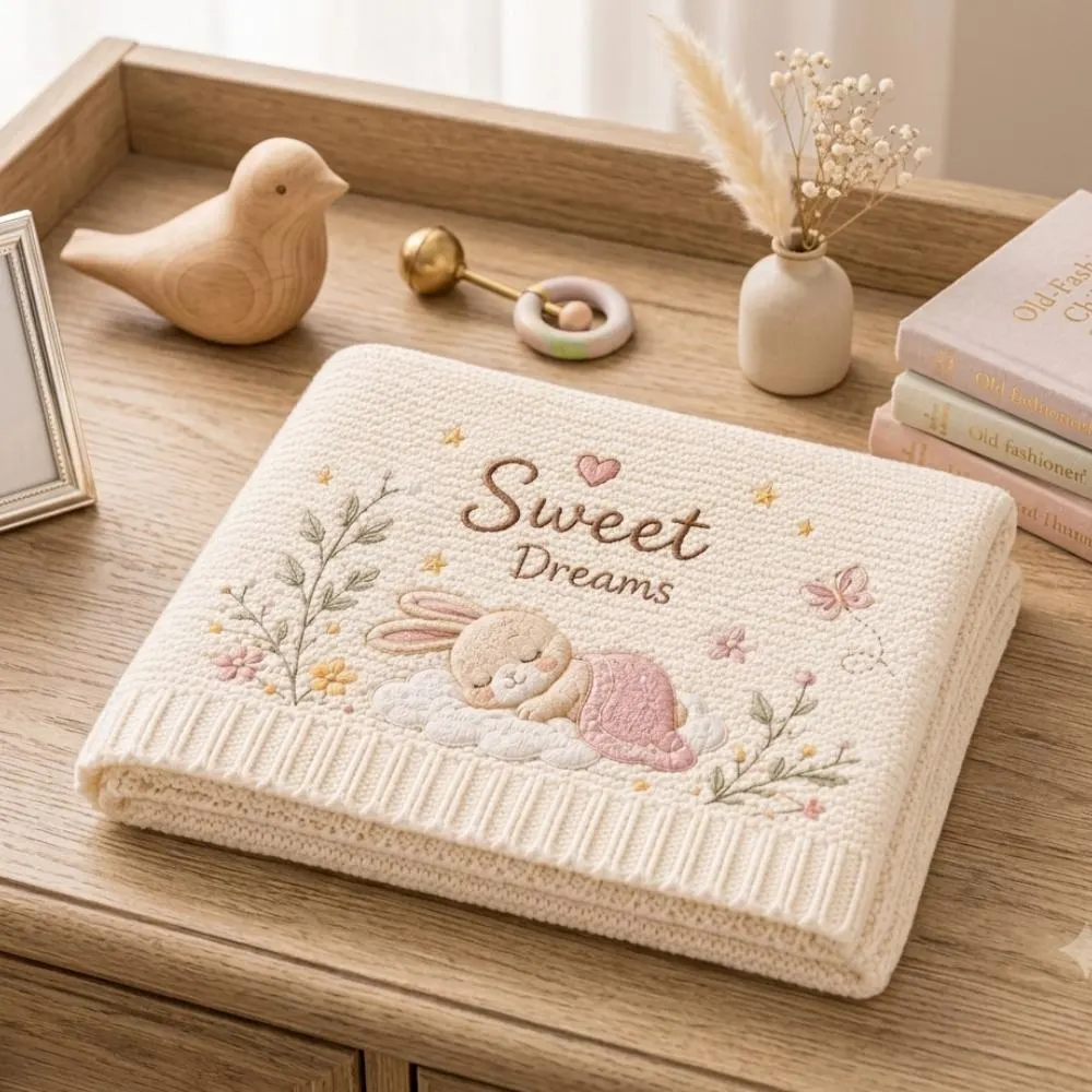 Personalized Bunny Baby Blanket, Sweet Dreams Embroidered Knitted Blanket, Heirloom Newborn Gift, Soft Floral Nursery Bedding Baby YB1603