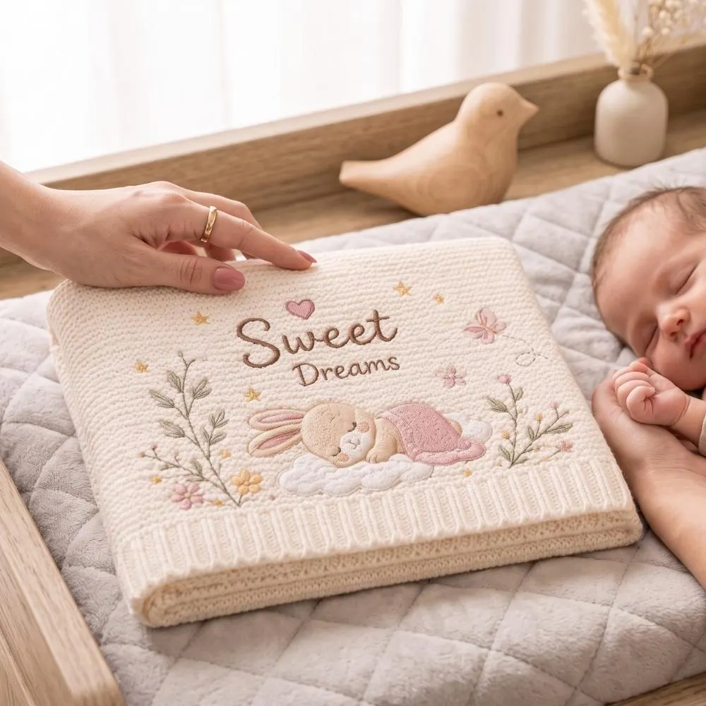 Personalized Bunny Baby Blanket, Sweet Dreams Embroidered Knitted Blanket, Heirloom Newborn Gift, Soft Floral Nursery Bedding Baby YB1603 - Media 2