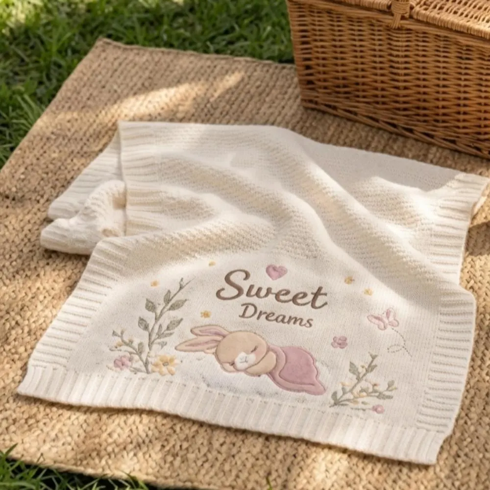 Personalized Bunny Baby Blanket, Sweet Dreams Embroidered Knitted Blanket, Heirloom Newborn Gift, Soft Floral Nursery Bedding Baby YB1603 - Media 3