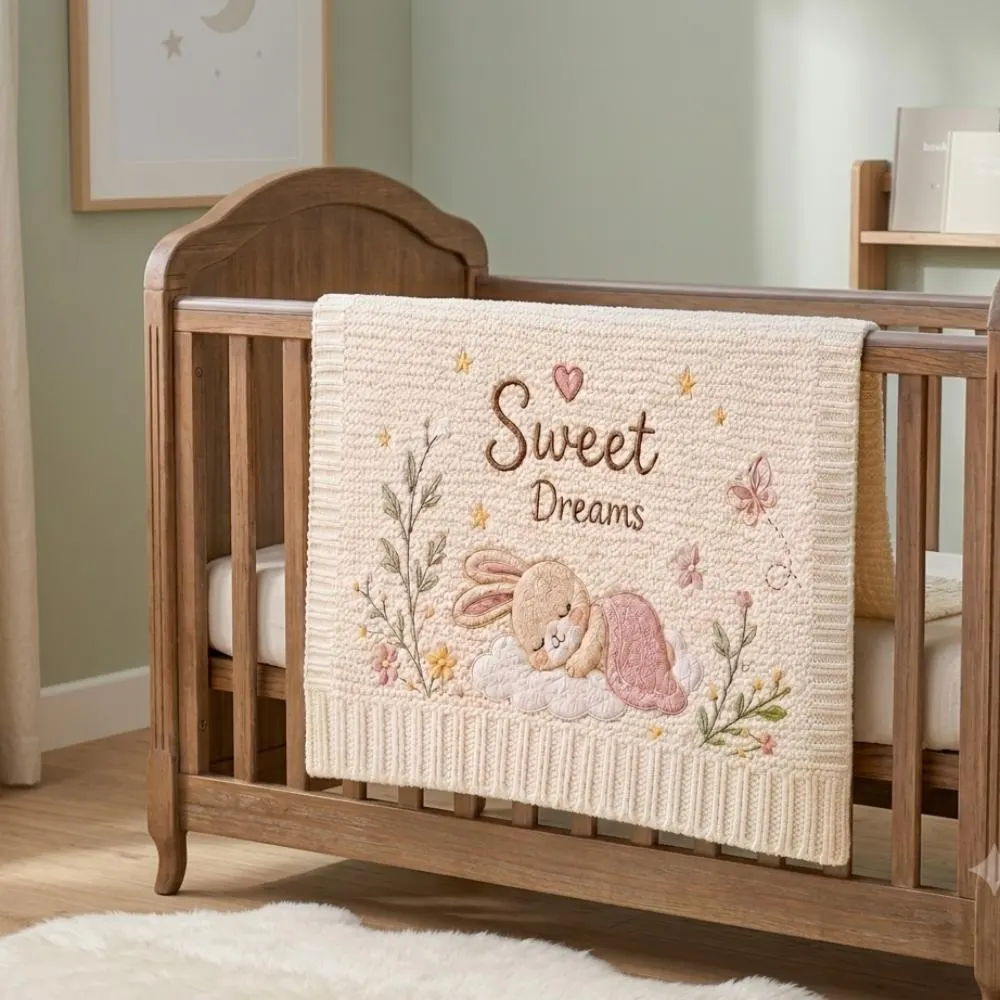 Personalized Bunny Baby Blanket, Sweet Dreams Embroidered Knitted Blanket, Heirloom Newborn Gift, Soft Floral Nursery Bedding Baby YB1603 - Media 4