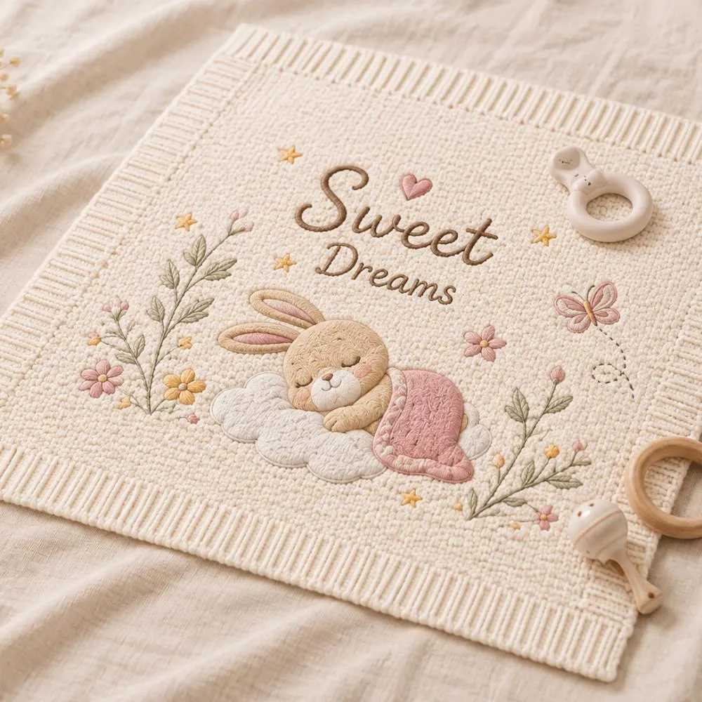 Personalized Bunny Baby Blanket, Sweet Dreams Embroidered Knitted Blanket, Heirloom Newborn Gift, Soft Floral Nursery Bedding Baby YB1603 - Media 5