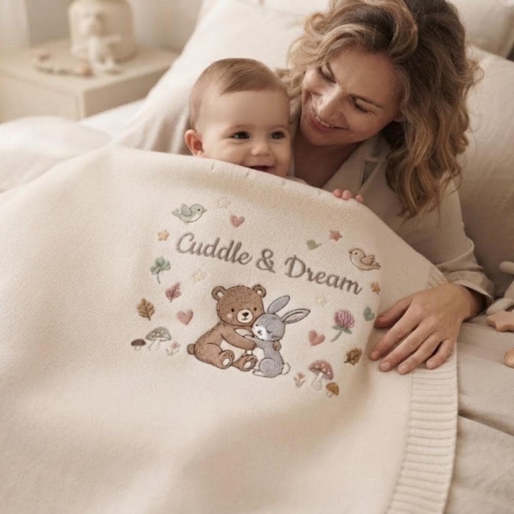 Personalized Embroidered Baby Blanket, Bear and Bunny Woodland Nursery Decor, "Cuddle & Dream" Newborn Gift, Soft Knitted Baby Gift YB1603