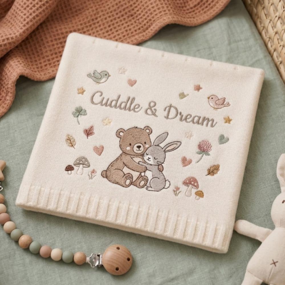 Personalized Embroidered Baby Blanket, Bear and Bunny Woodland Nursery Decor, "Cuddle & Dream" Newborn Gift, Soft Knitted Baby Gift YB1603 - Media 2