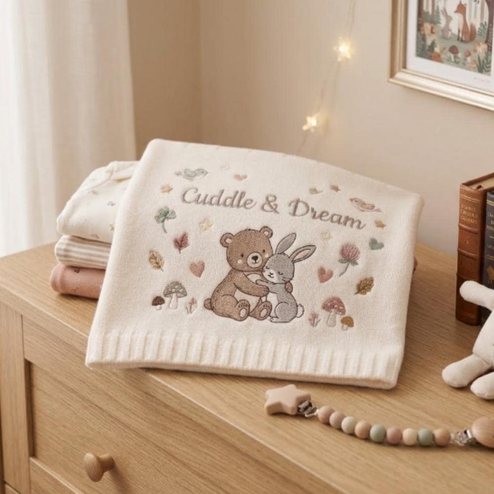 Personalized Embroidered Baby Blanket, Bear and Bunny Woodland Nursery Decor, "Cuddle & Dream" Newborn Gift, Soft Knitted Baby Gift YB1603 - Media 3