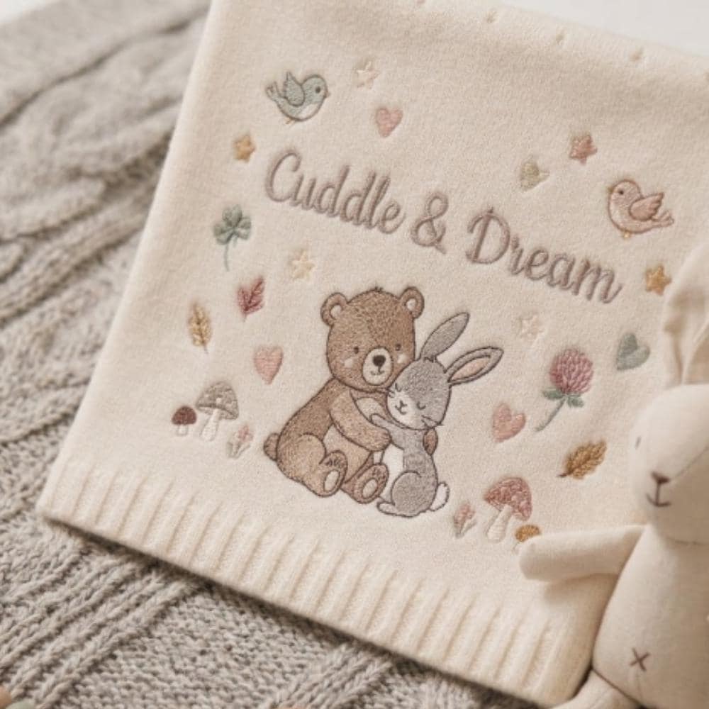 Personalized Embroidered Baby Blanket, Bear and Bunny Woodland Nursery Decor, "Cuddle & Dream" Newborn Gift, Soft Knitted Baby Gift YB1603 - Media 4