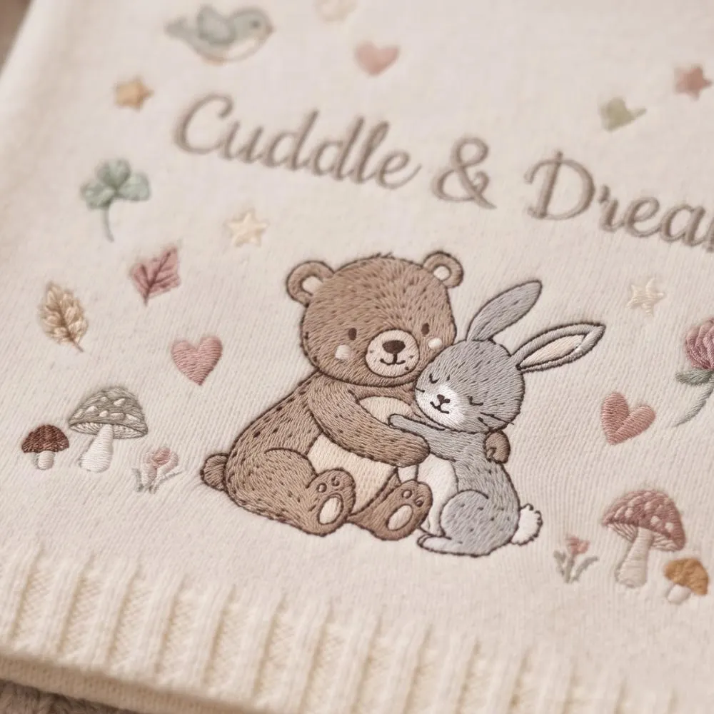Personalized Embroidered Baby Blanket, Bear and Bunny Woodland Nursery Decor, "Cuddle & Dream" Newborn Gift, Soft Knitted Baby Gift YB1603 - Media 5