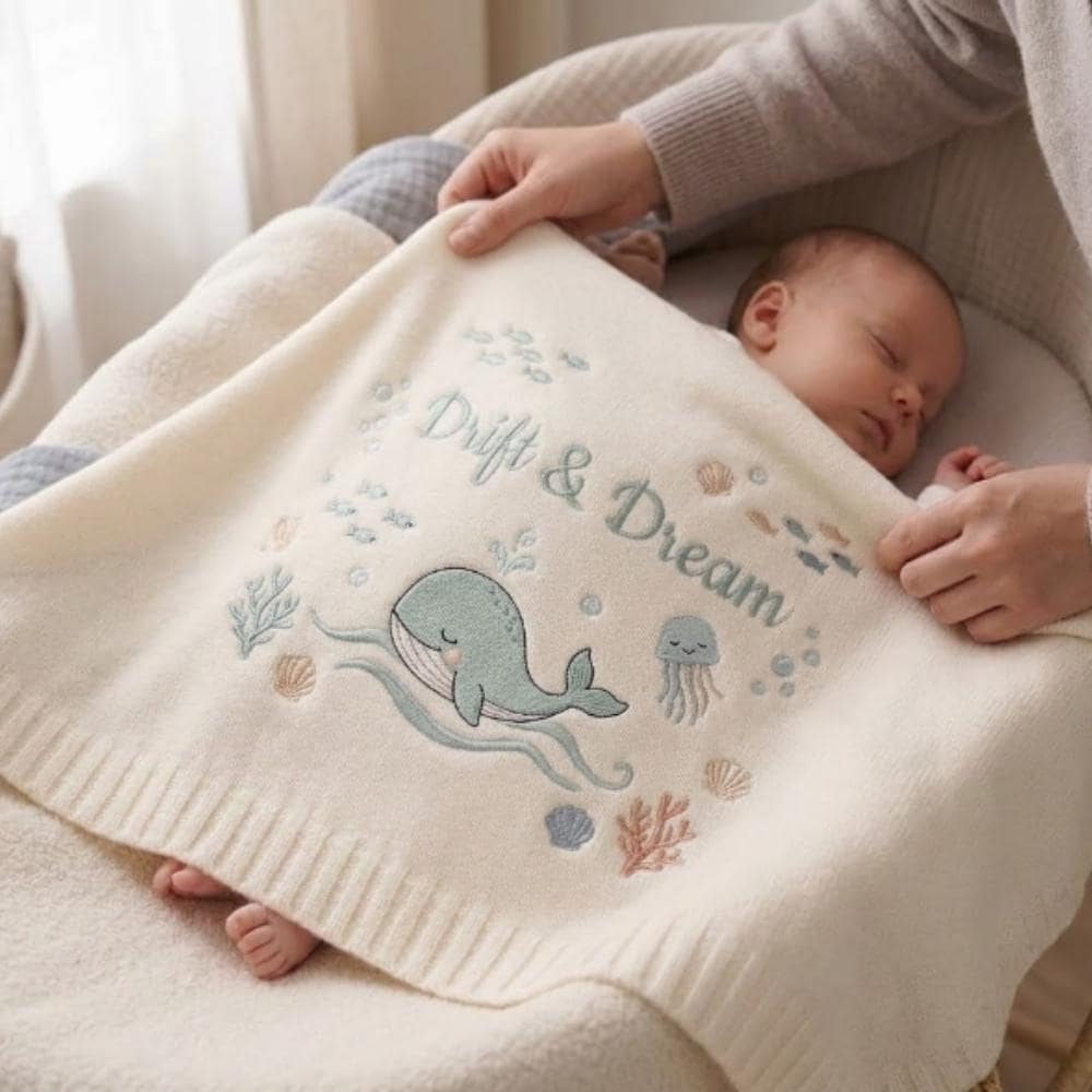 Whale Baby Blanket Embroidered, "Drift & Dream" Ocean Nursery Decor, Under the Sea Newborn Gift, Coastal Baby Shower Gift YB1603