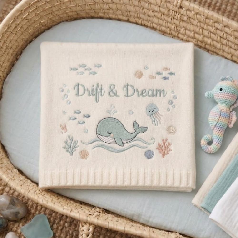 Whale Baby Blanket Embroidered, "Drift & Dream" Ocean Nursery Decor, Under the Sea Newborn Gift, Coastal Baby Shower Gift YB1603 - Media 2