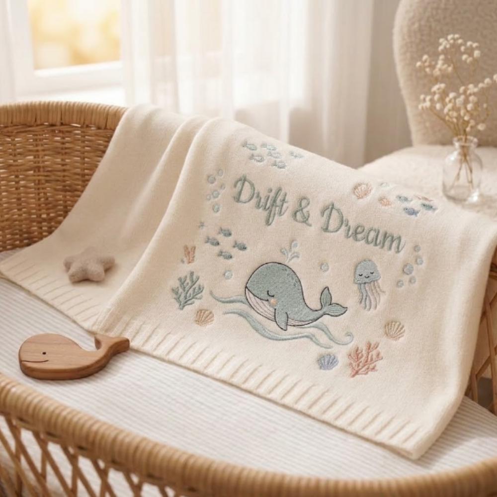 Whale Baby Blanket Embroidered, "Drift & Dream" Ocean Nursery Decor, Under the Sea Newborn Gift, Coastal Baby Shower Gift YB1603 - Media 3