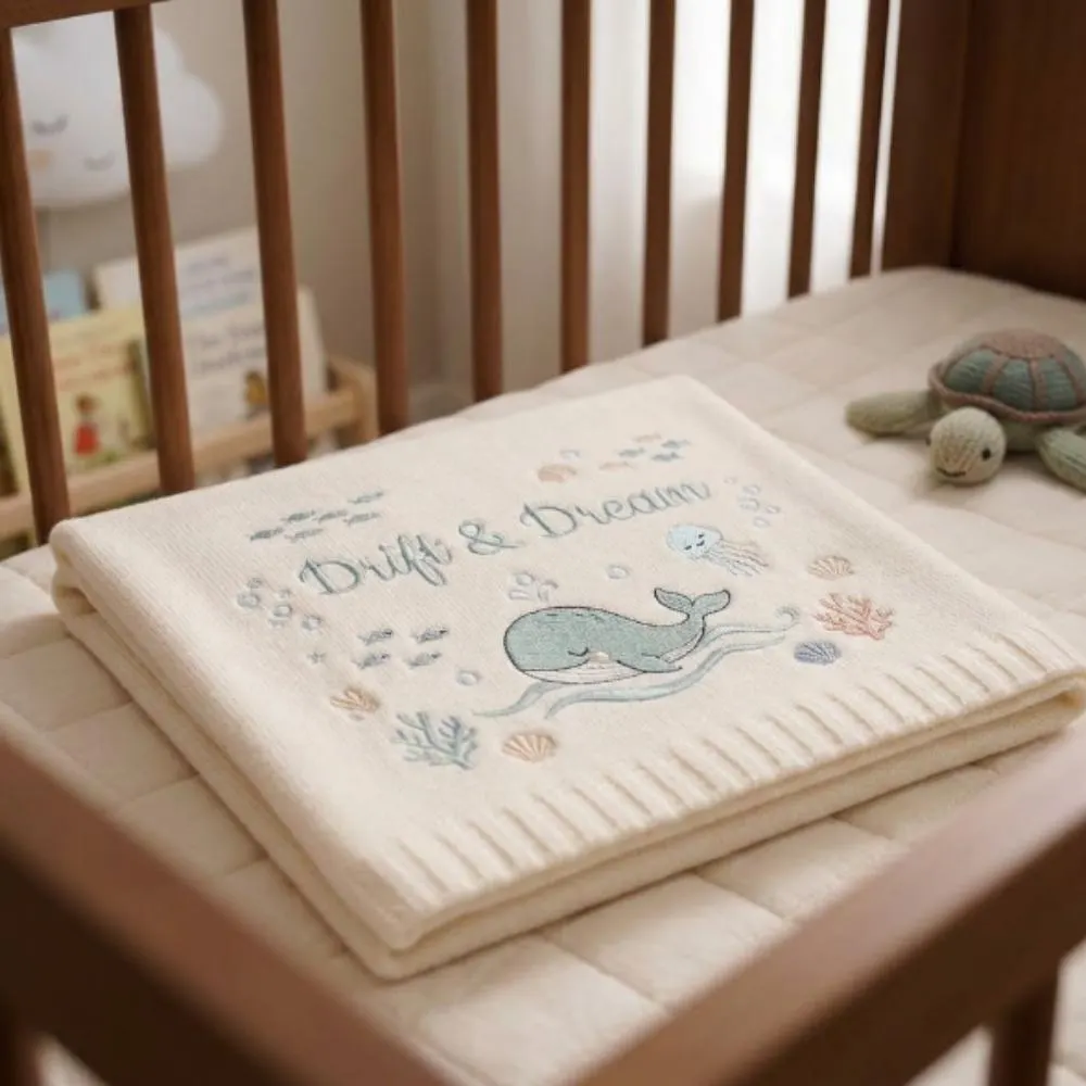 Whale Baby Blanket Embroidered, "Drift & Dream" Ocean Nursery Decor, Under the Sea Newborn Gift, Coastal Baby Shower Gift YB1603 - Media 4