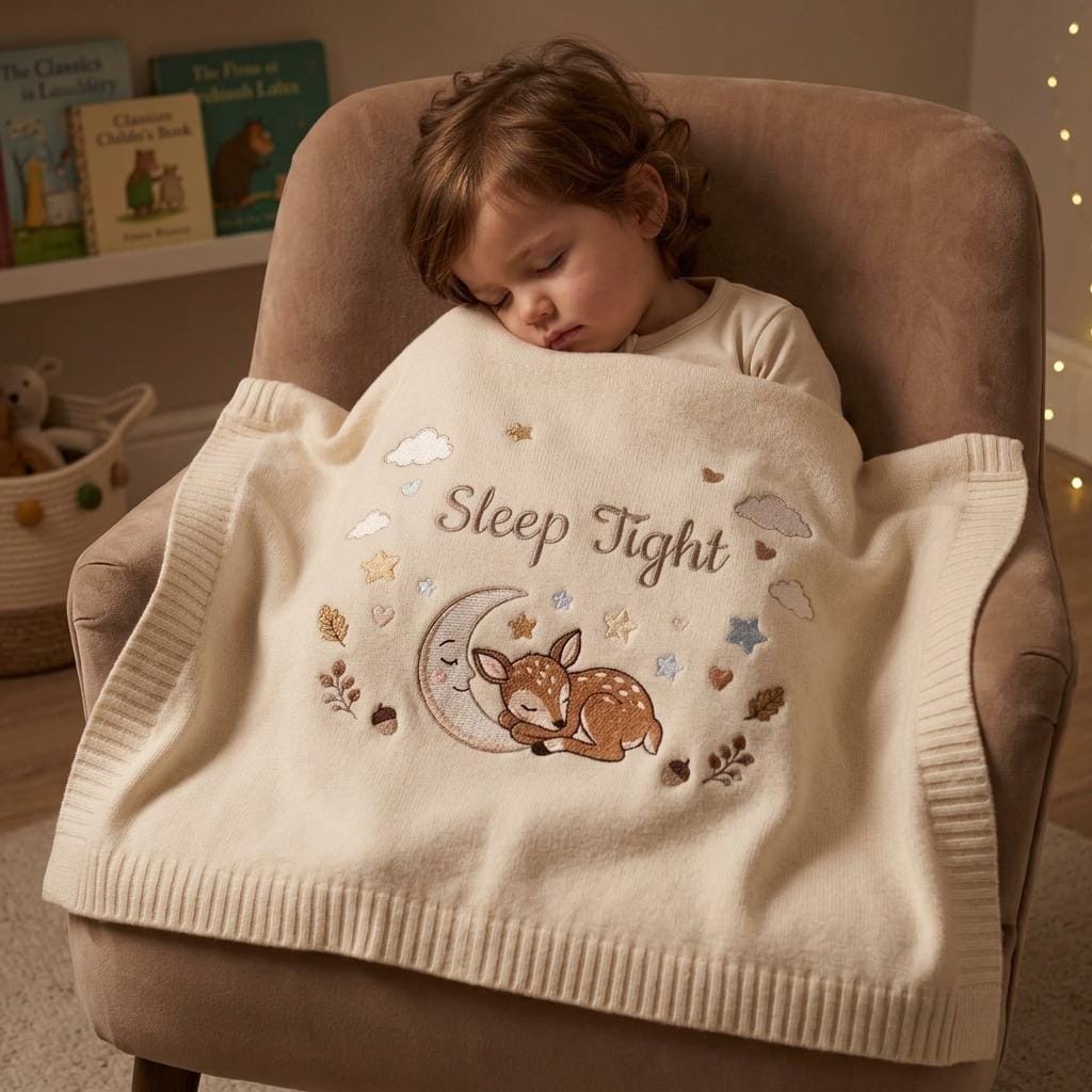 Personalized Embroidered Baby Blanket, Woodland Deer & Moon Newborn Gift, "Sleep Tight" Soft Knitted Nursery Blanket YB1603