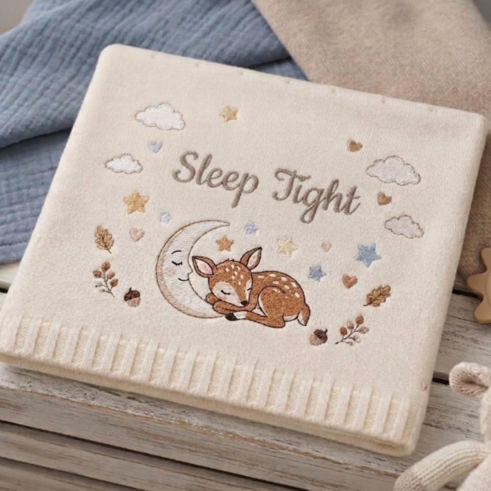 Personalized Embroidered Baby Blanket, Woodland Deer & Moon Newborn Gift, "Sleep Tight" Soft Knitted Nursery Blanket YB1603 - Media 2