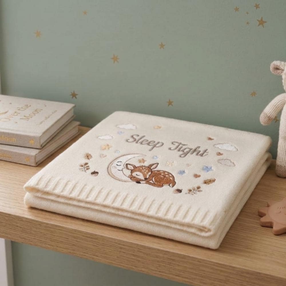 Personalized Embroidered Baby Blanket, Woodland Deer & Moon Newborn Gift, "Sleep Tight" Soft Knitted Nursery Blanket YB1603 - Media 3