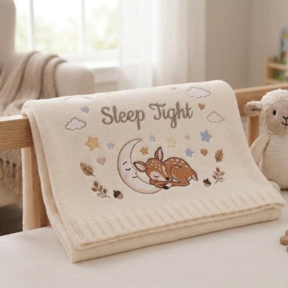 Personalized Embroidered Baby Blanket, Woodland Deer & Moon Newborn Gift, "Sleep Tight" Soft Knitted Nursery Blanket YB1603 - Media 5
