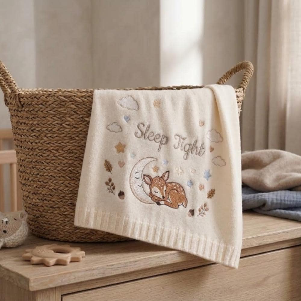 Personalized Embroidered Baby Blanket, Woodland Deer & Moon Newborn Gift, "Sleep Tight" Soft Knitted Nursery Blanket YB1603 - Media 6