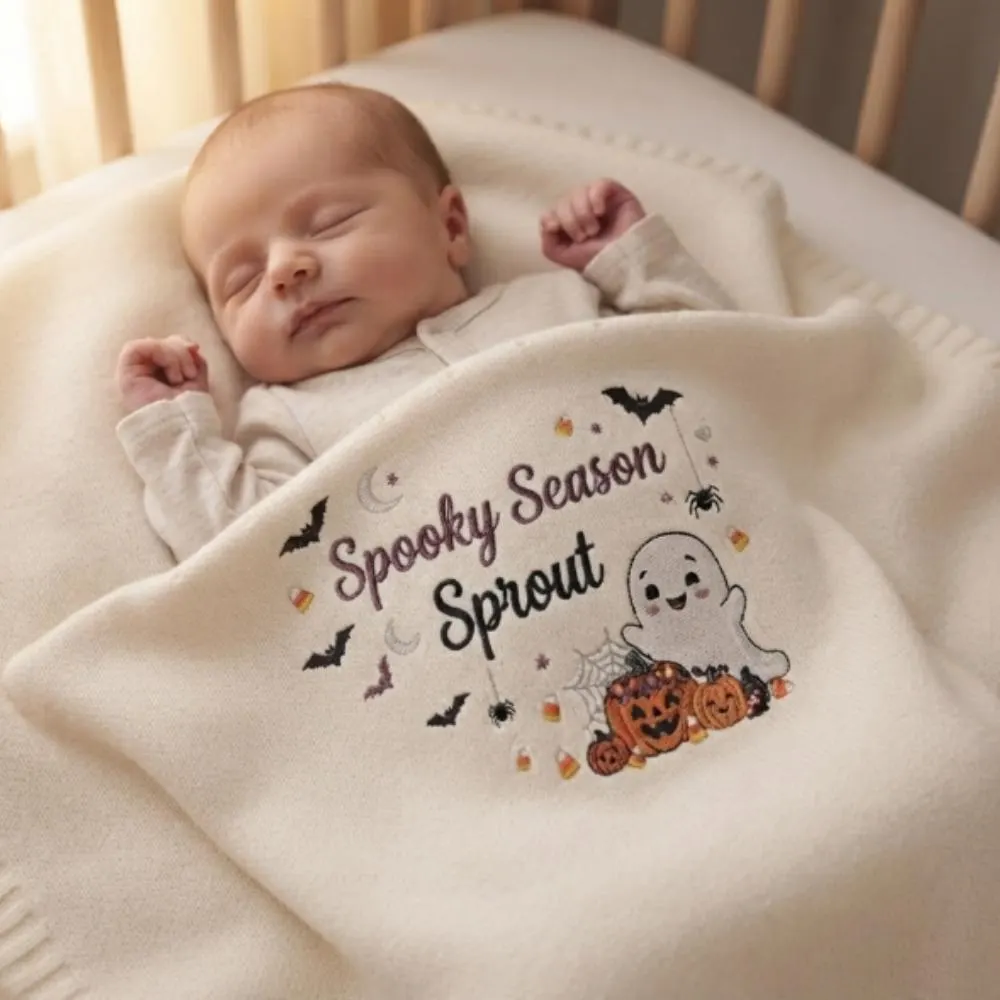 Custom Name Halloween Blanket for Baby, Spooky Season Sprout Embroidery, Knitted Toddler Blanket, First Halloween Gift YB1603