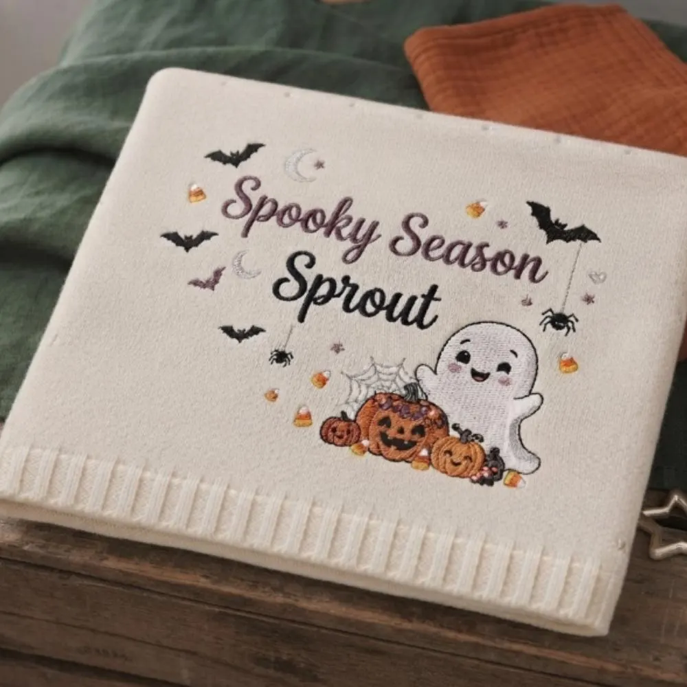 Custom Name Halloween Blanket for Baby, Spooky Season Sprout Embroidery, Knitted Toddler Blanket, First Halloween Gift YB1603 - Media 2