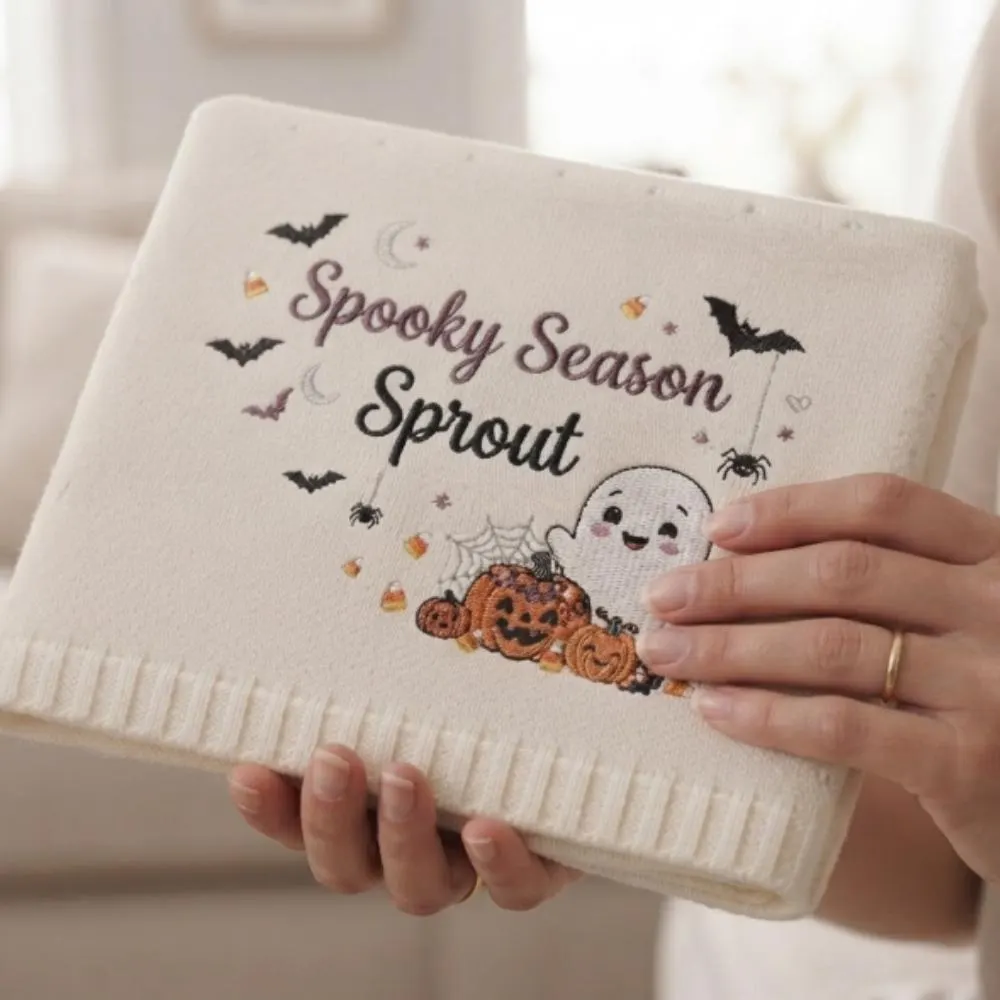 Custom Name Halloween Blanket for Baby, Spooky Season Sprout Embroidery, Knitted Toddler Blanket, First Halloween Gift YB1603 - Media 4