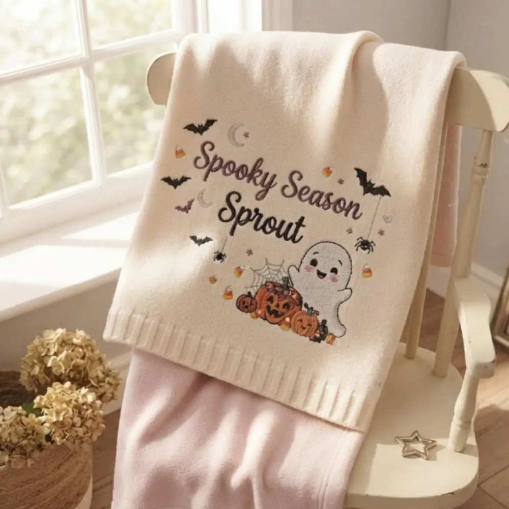 Custom Name Halloween Blanket for Baby, Spooky Season Sprout Embroidery, Knitted Toddler Blanket, First Halloween Gift YB1603 - Media 5