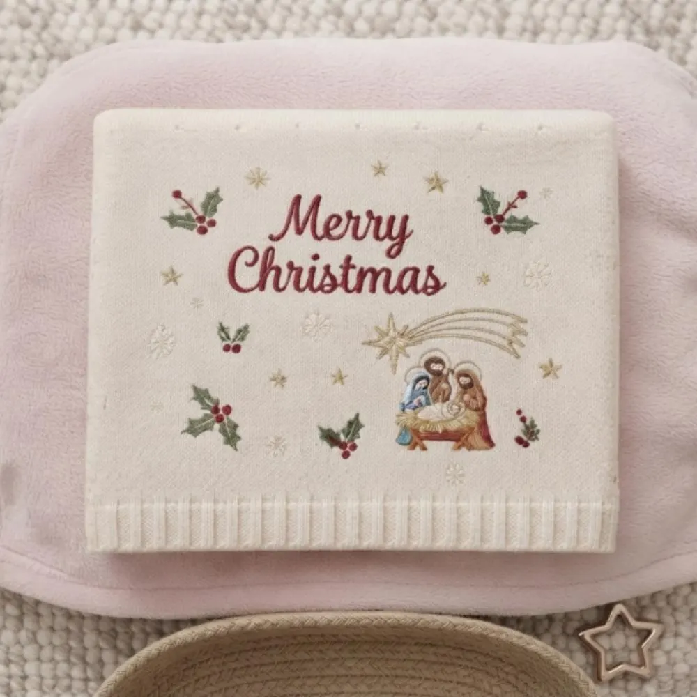 Personalized Christmas Baby Blanket, Nativity Embroidered Knit Blanket, Custom Name Newborn Gift, First Christmas Keepsake YB1603