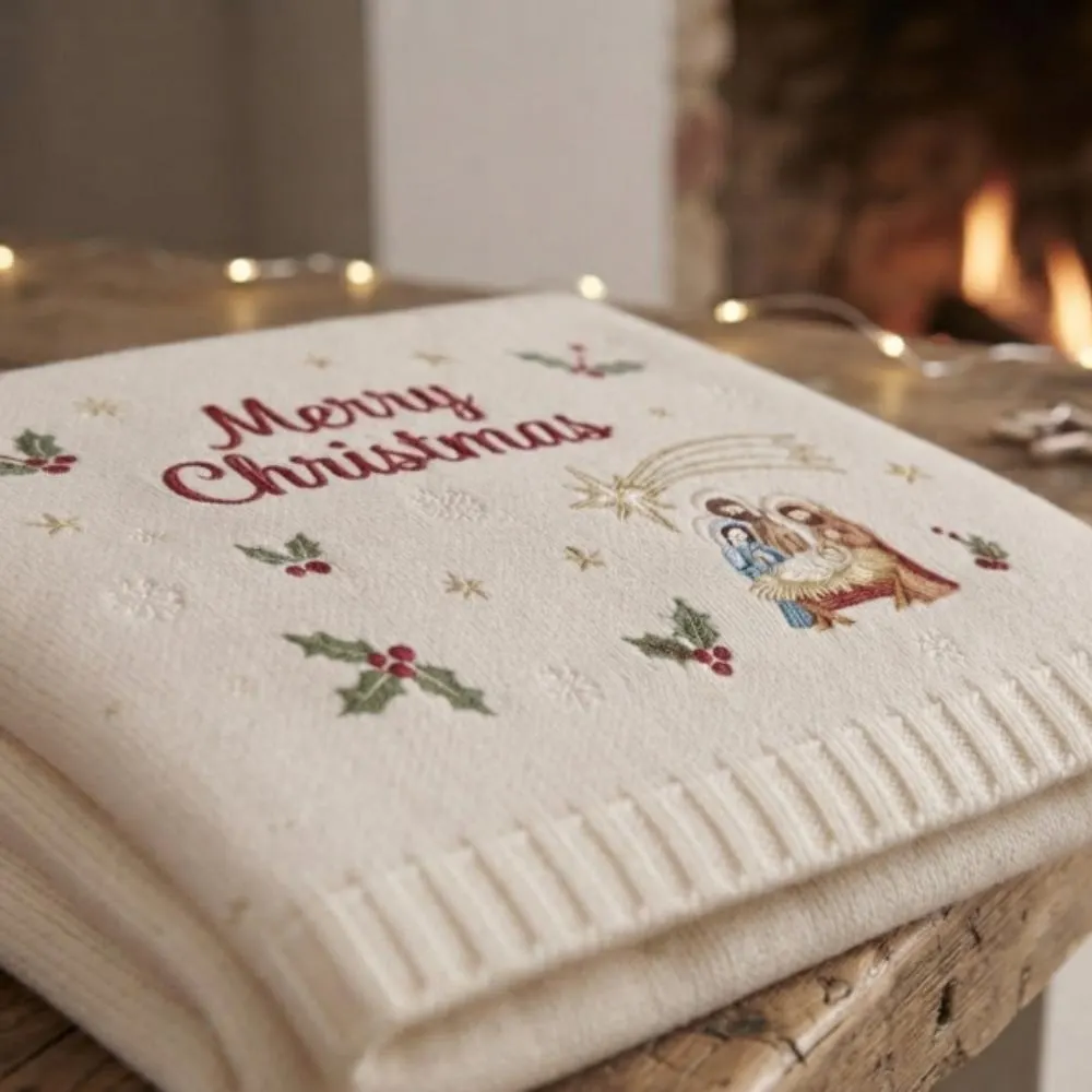 Personalized Christmas Baby Blanket, Nativity Embroidered Knit Blanket, Custom Name Newborn Gift, First Christmas Keepsake YB1603 - Media 2