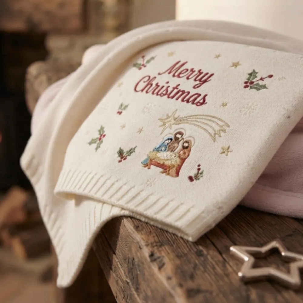 Personalized Christmas Baby Blanket, Nativity Embroidered Knit Blanket, Custom Name Newborn Gift, First Christmas Keepsake YB1603 - Media 3