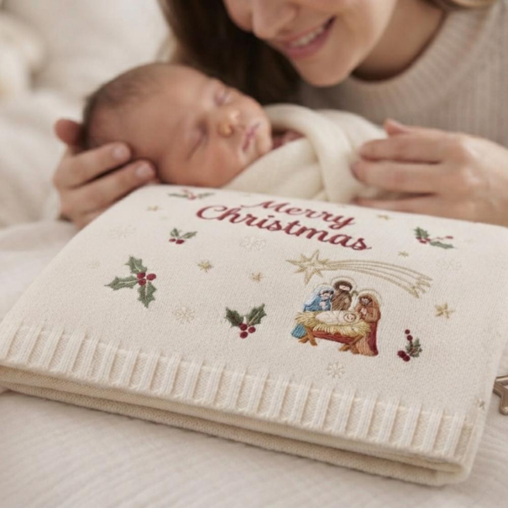 Personalized Christmas Baby Blanket, Nativity Embroidered Knit Blanket, Custom Name Newborn Gift, First Christmas Keepsake YB1603 - Media 5