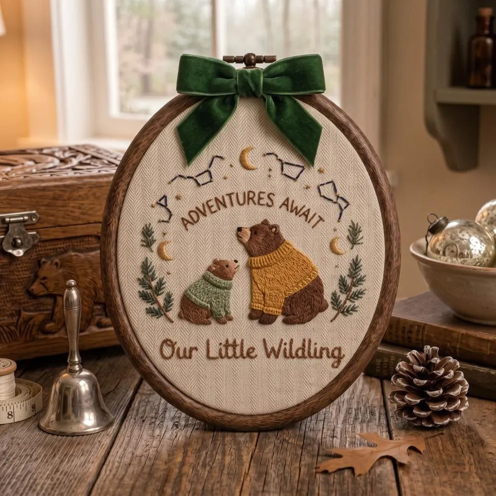 Woodland Bear Embroidery Hoop, Adventures Await Nursery Decor, Our Little Wildling Wall Art, Forest Animal Baby Gift YB1603