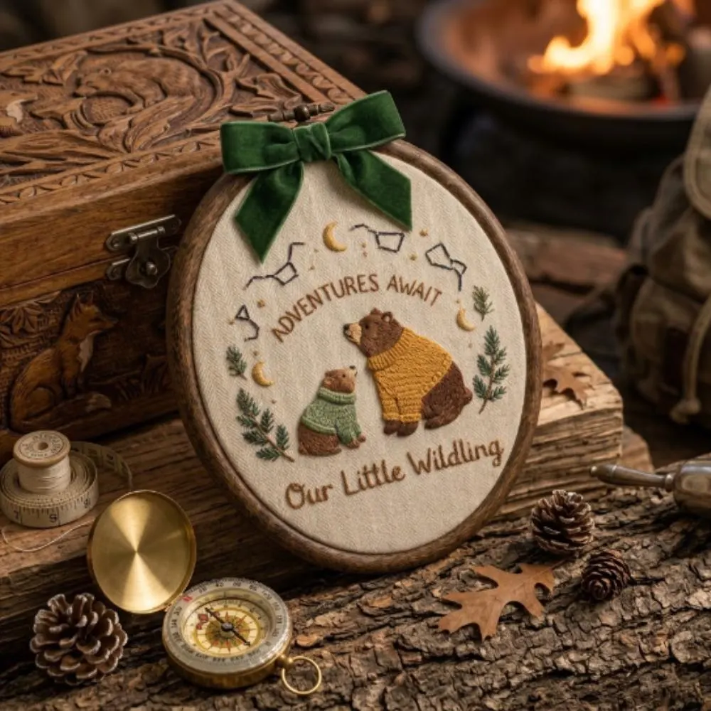 Woodland Bear Embroidery Hoop, Adventures Await Nursery Decor, Our Little Wildling Wall Art, Forest Animal Baby Gift YB1603 - Media 2