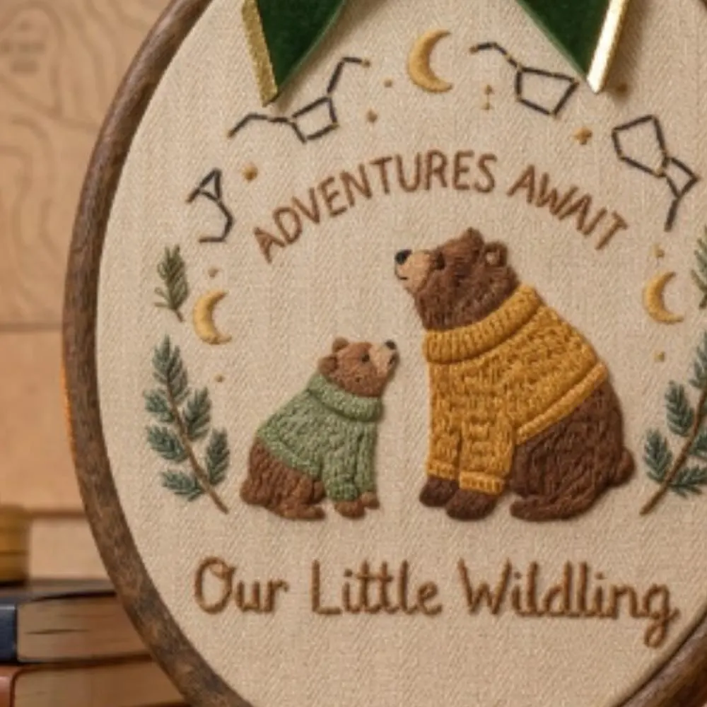 Woodland Bear Embroidery Hoop, Adventures Await Nursery Decor, Our Little Wildling Wall Art, Forest Animal Baby Gift YB1603 - Media 3