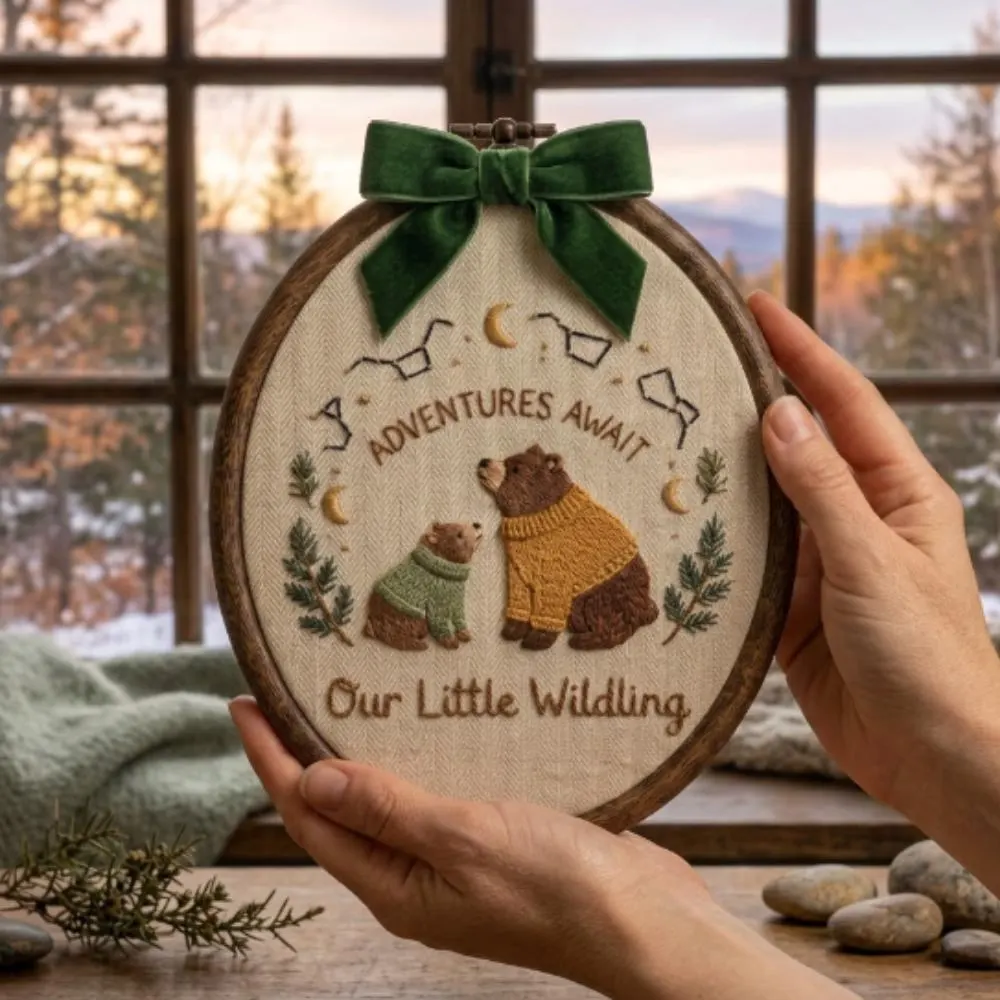 Woodland Bear Embroidery Hoop, Adventures Await Nursery Decor, Our Little Wildling Wall Art, Forest Animal Baby Gift YB1603 - Media 4