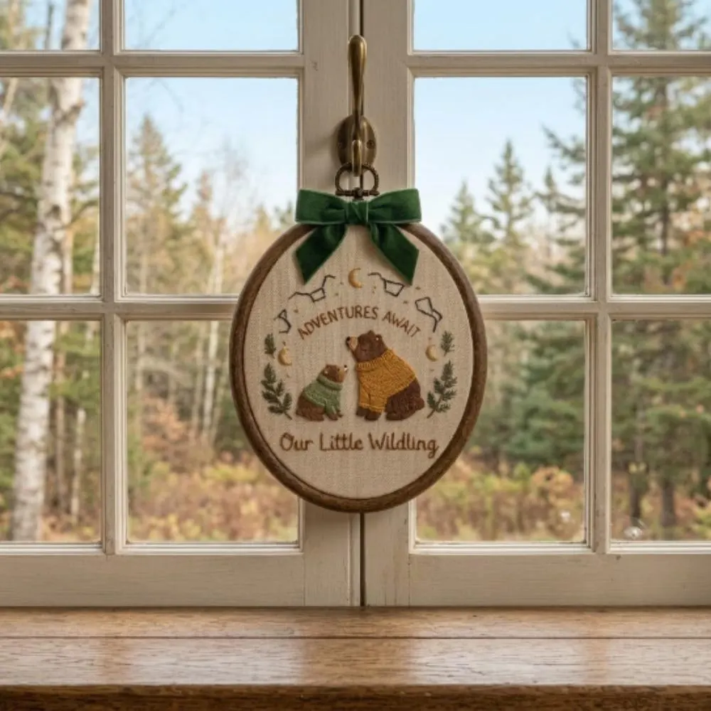 Woodland Bear Embroidery Hoop, Adventures Await Nursery Decor, Our Little Wildling Wall Art, Forest Animal Baby Gift YB1603 - Media 5